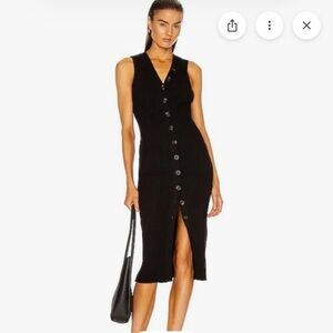 Enza Costa Black Ribbed Button-Front Midi Dress Size XS